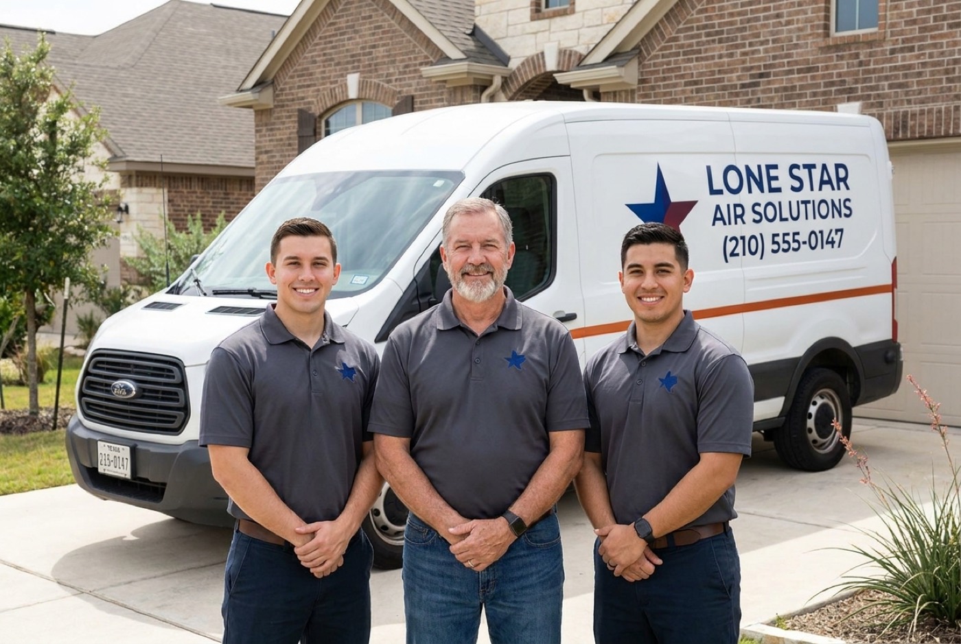 The Lone Star Air Solutions crew — owner and two technicians in front of the company van